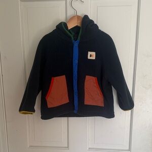 Bobo Chose Blue Fleece Hooded Jacket with Rust Pockets & Blue Trim
